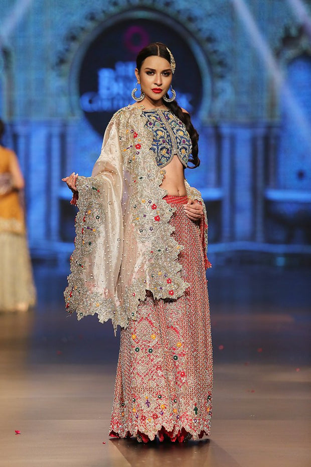 Designer embroidered lehnga dress in blue, gold and red color # B3354