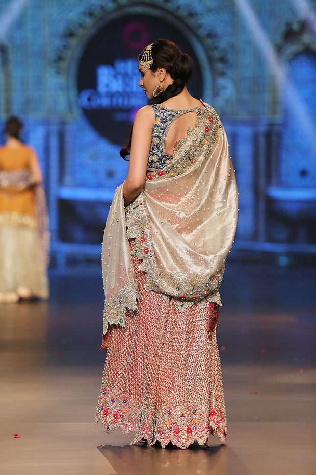 Designer embroidered lehnga dress in blue, gold and red color # B3354