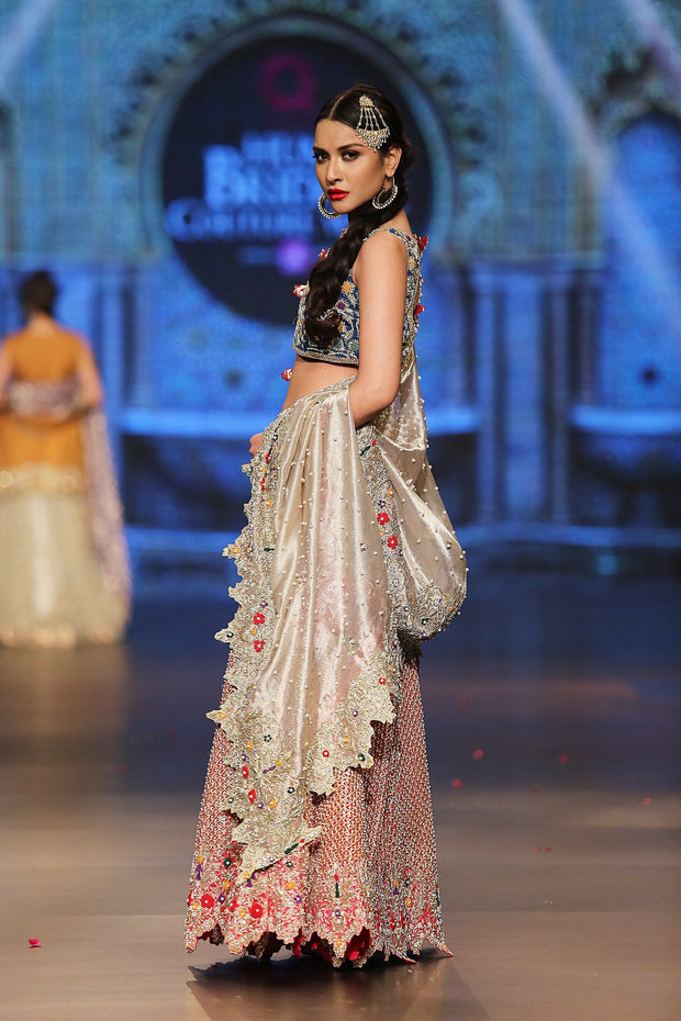 Designer embroidered lehnga dress in blue, gold and red color # B3354