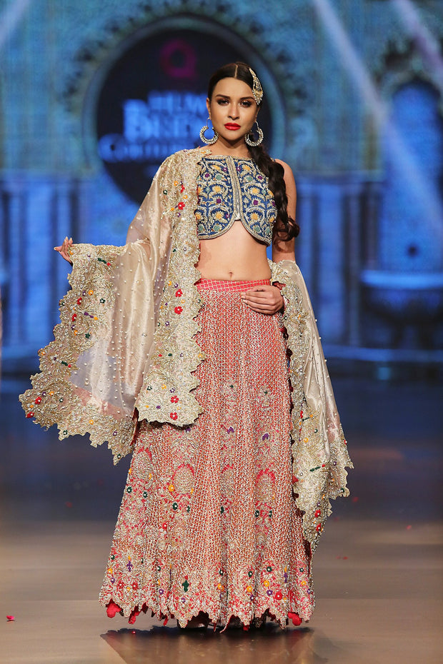 Designer embroidered lehnga dress in blue, gold and red color 