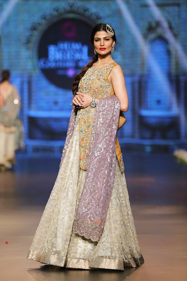 Designer embroidered lehnga dress in lilac, gold and white color # B3355