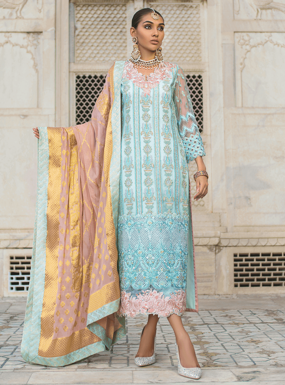 Designer embroidered net dress in blue color for party Nameera by Farooq