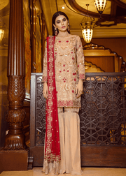 Pakistani designer embroidered outfit in skin color