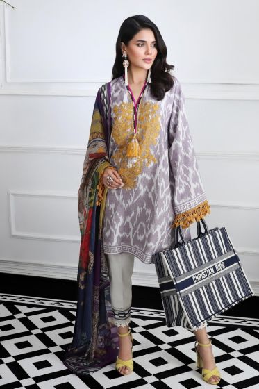 Pakistani designer woven dress for casual wear in grey color