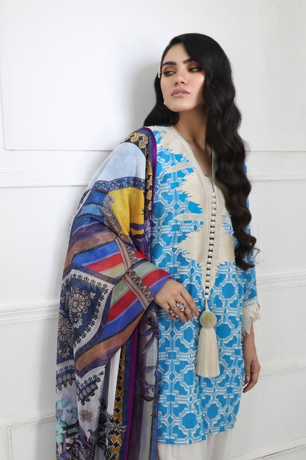 Pakistani designer woven outfit for casual wear in azure color # P2388