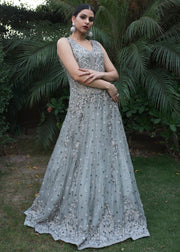 Beautiful gown dress embroidered with pearls in grey color 