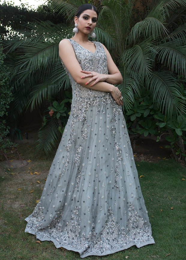 Gown dress nicely embroidered with pearls in grey color Nameera by Farooq Gown dress nicely embroidered with pearls in grey color Nameera by Farooq