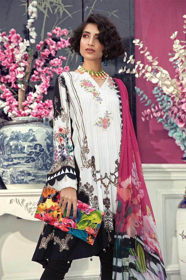 Pakistani designer linen dress digitally printed in white color # P2356