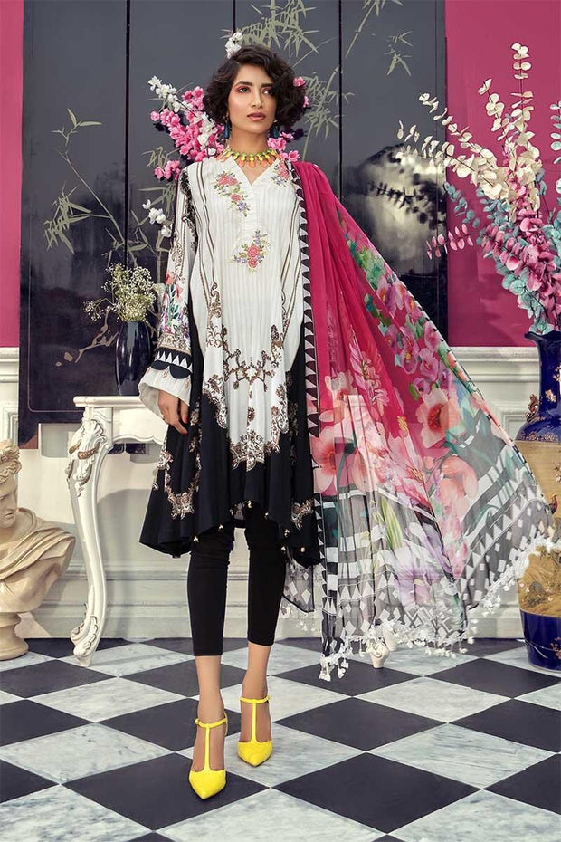Pakistani designer linen dress digitally printed in white color # P2356