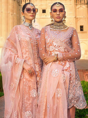 Elegant Pakistani designer net embroidered dress in pink color # P2340