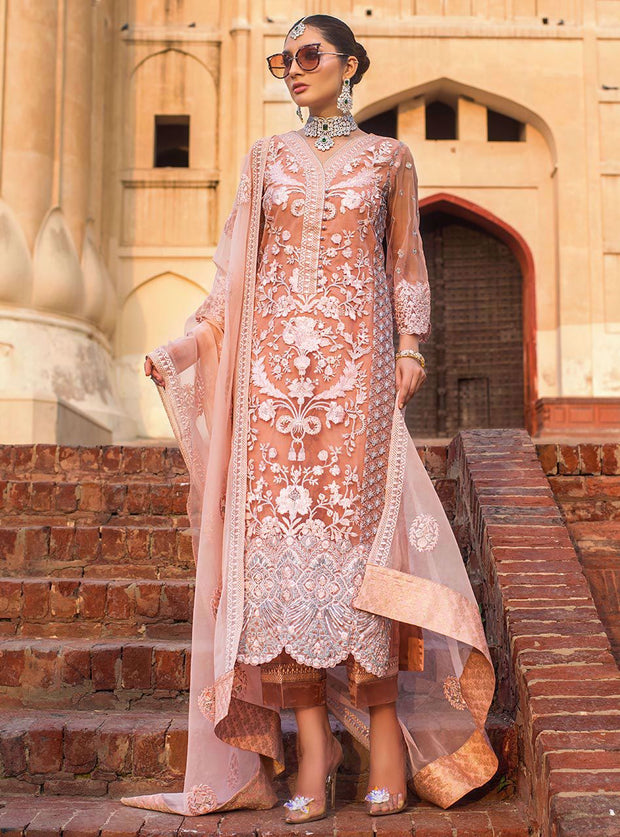 Elegant Pakistani designer net embroidered dress in pink color