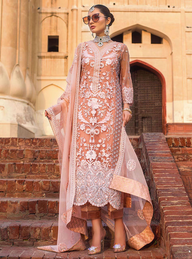 Designer net embroidered dress in pink color for party SMALL