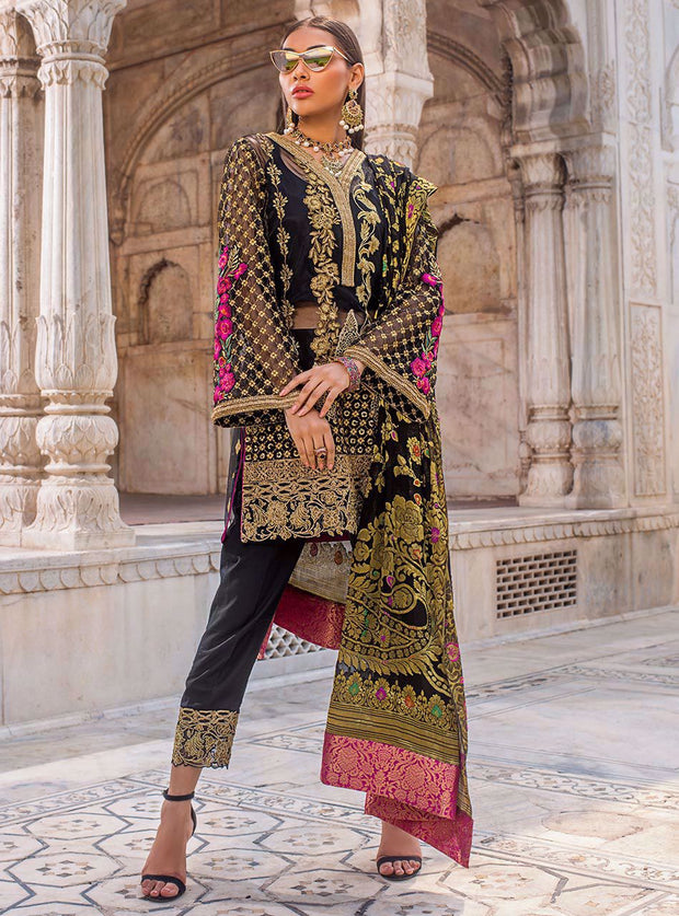 Pakistani designer net embroidered outfit in black color # P2342