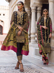 Pakistani designer net embroidered outfit in black color # P2342