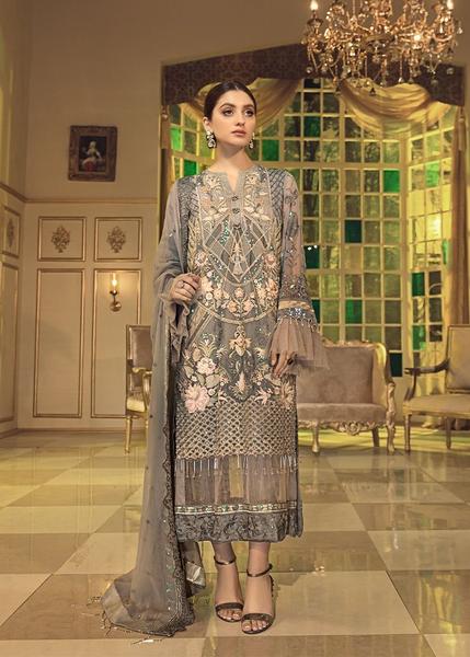 Chiffon embroidered designer outfit for eid in grey mist color