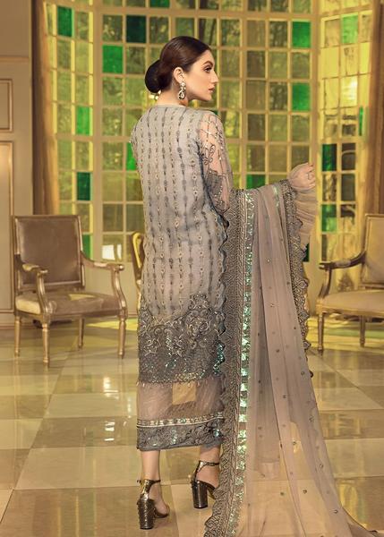 Chiffon embroidered designer outfit for eid in grey mist color # P2486