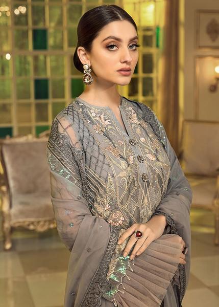 Chiffon embroidered designer outfit for eid in grey mist color # P2486