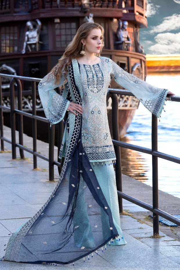 Pakistani designer sequins embroidered dress in aqua blue color # P2310