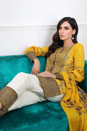 Pakistani designer slub dress for casual wear in mustard color # P2395