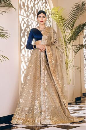 Latest bridal designer wedding outfit in lavish blue and gold color # B3444