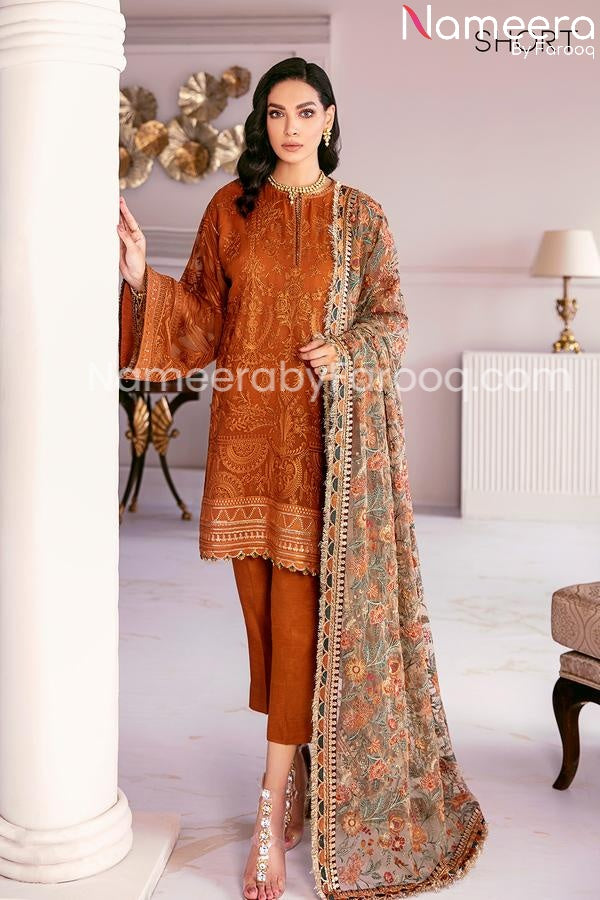 designer orange party wear embrioded dress 2021