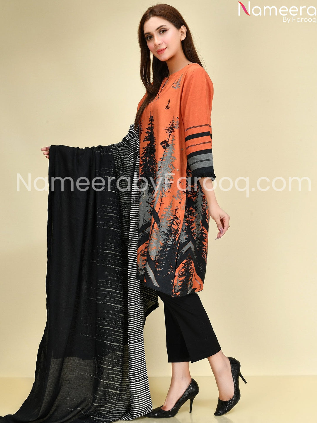 Designer orange and black dress