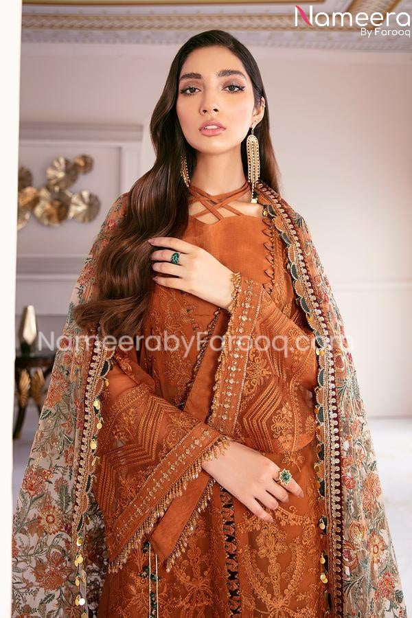designer orange party wear embrioded dress