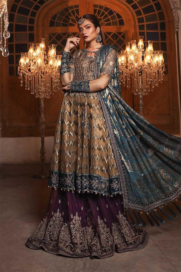 Stylish Indian wedding dress in metalic brown and teal color