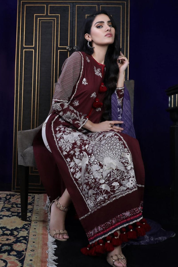 Pakistani dobby woven outfit for casual wear in maroon color # P2389