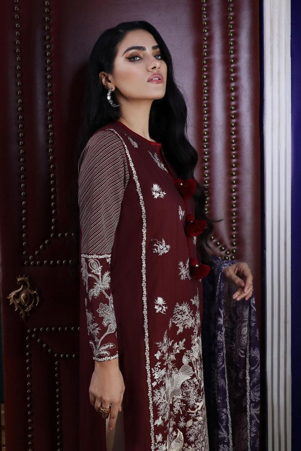 Pakistani dobby woven outfit for casual wear in maroon color # P2389