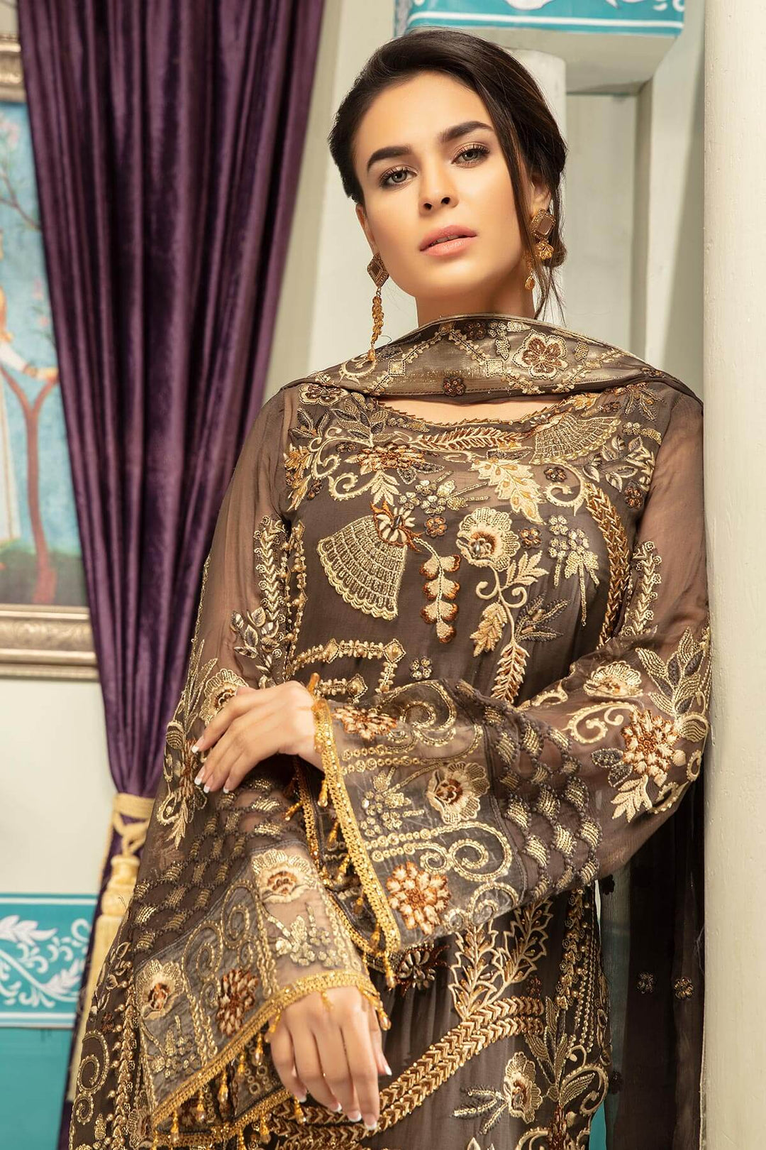 Eid Dress in Dark Brown & Skin Color Chiffon Embroidered LARGE