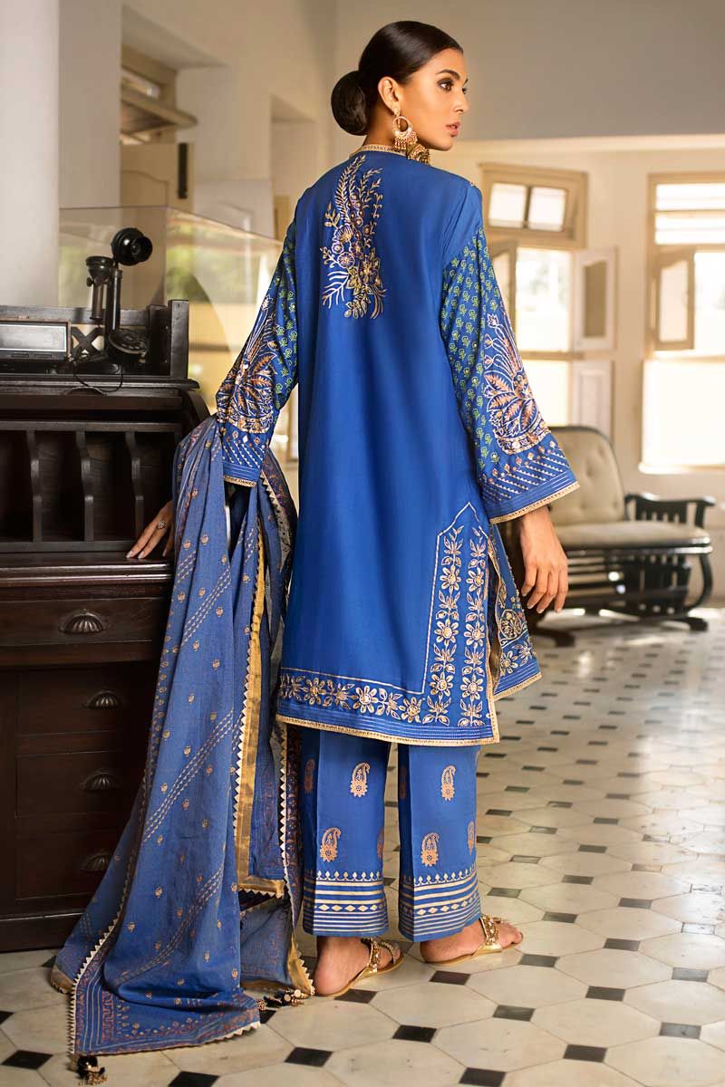 blue eid dresses Pakistani in royal color embroidered LARGE feature_Sweep Train Printed cotton dupatta is One Shoulder Black Satin Size:custom sizes