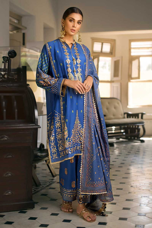 Elegant eid dress by Pakistani designer in royal blue color