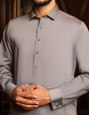 Pakistani eid dress for boys in grey color with machine embroidery # K2350