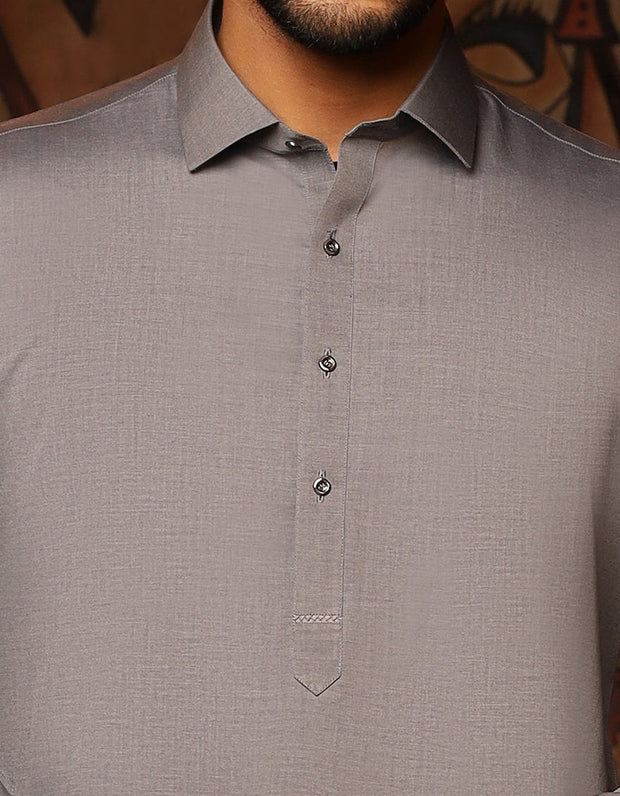 Pakistani eid dress for boys in grey color with machine embroidery # K2350