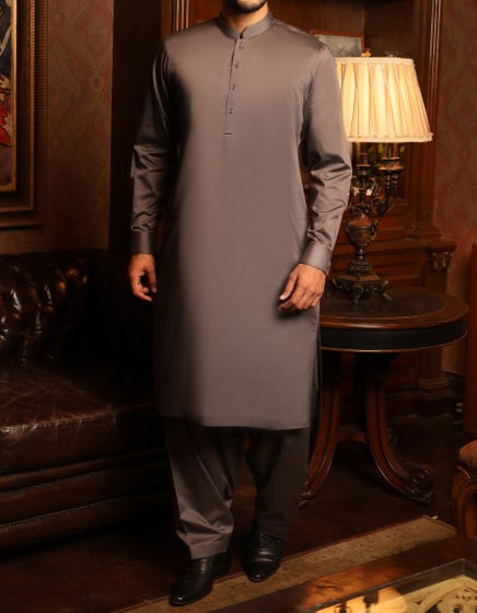 Eid dress for boys 2020 in dull grey color with machine embroidery # K2351