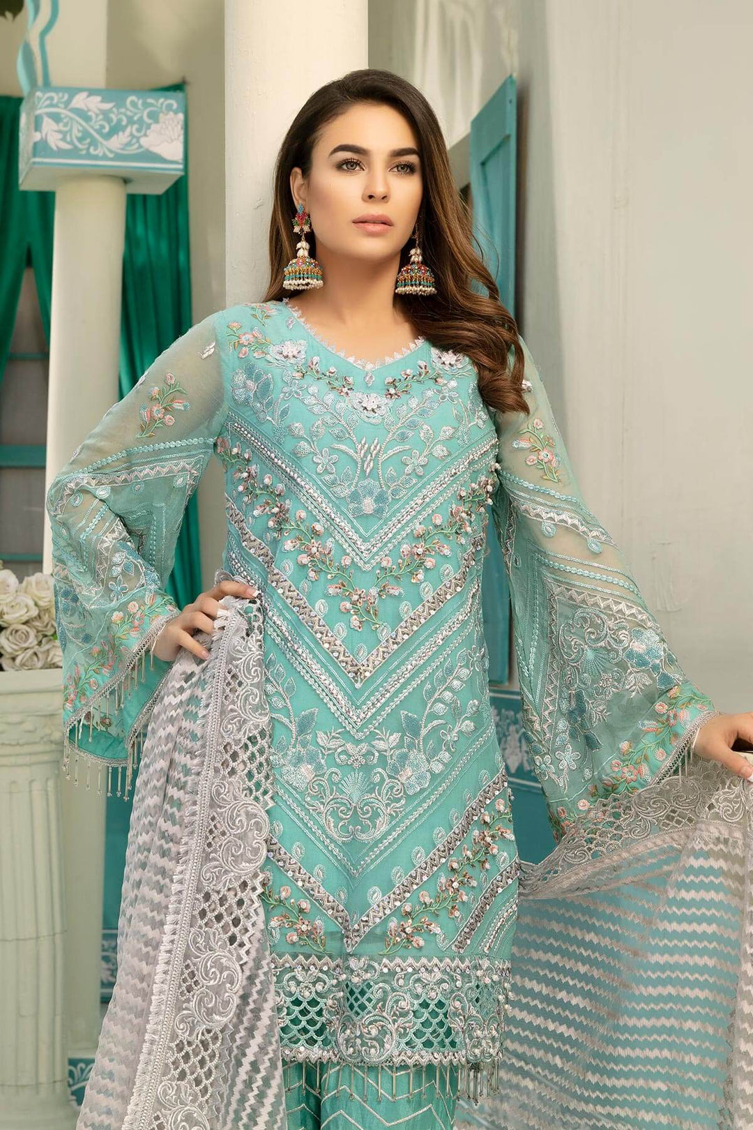 Chiffon embroidered eid dress for girls in blue and grey color # P2476