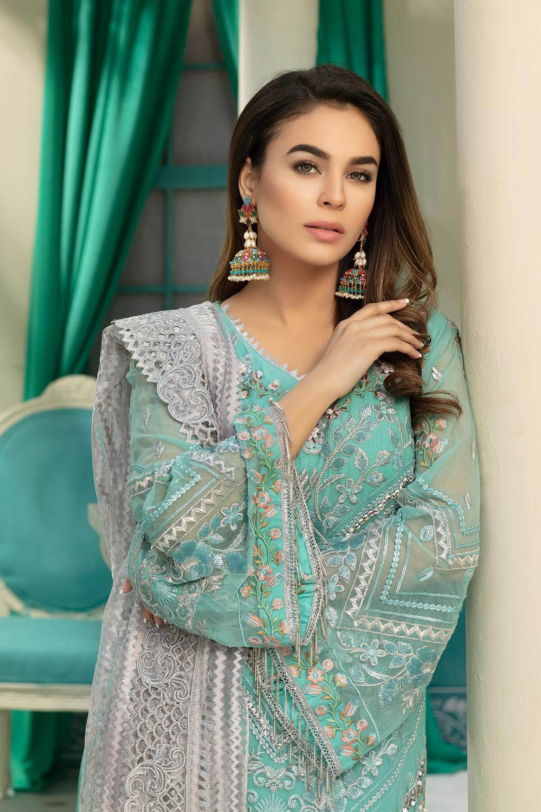 Chiffon embroidered eid dress for girls in blue and grey color