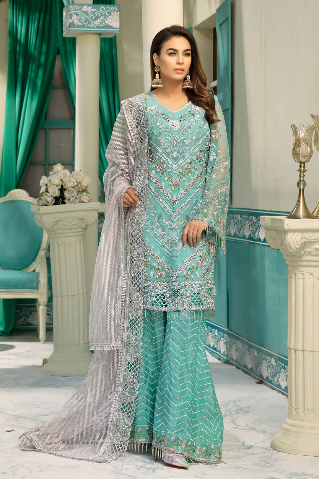 Chiffon embroidered eid dress for girls in blue and grey color