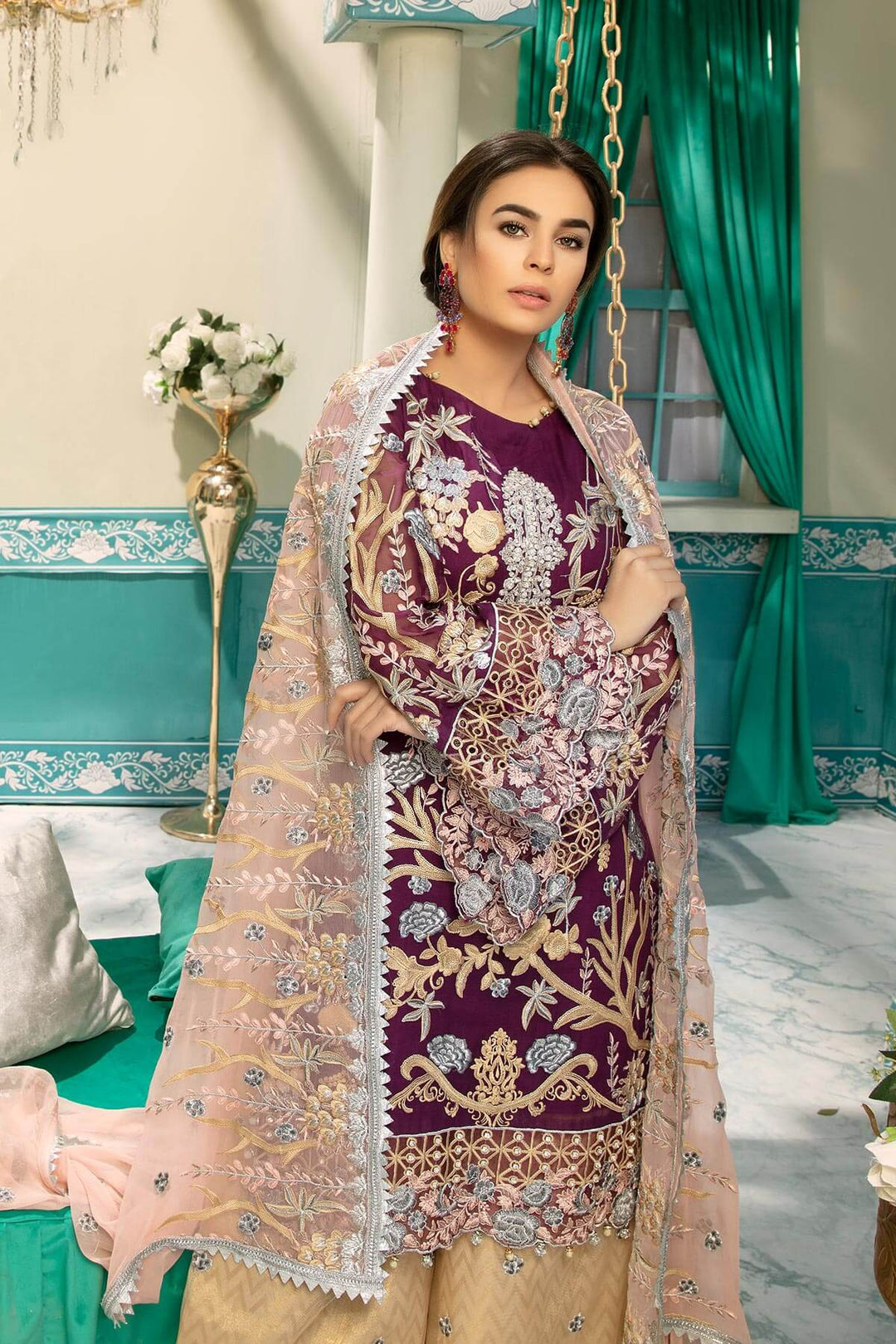Chiffon embroidered eid outfit for girls in plum and golden color # P2476