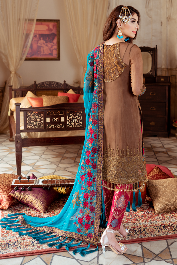 Pakistani embellished chiffon outfit in metallic copper color # P2452