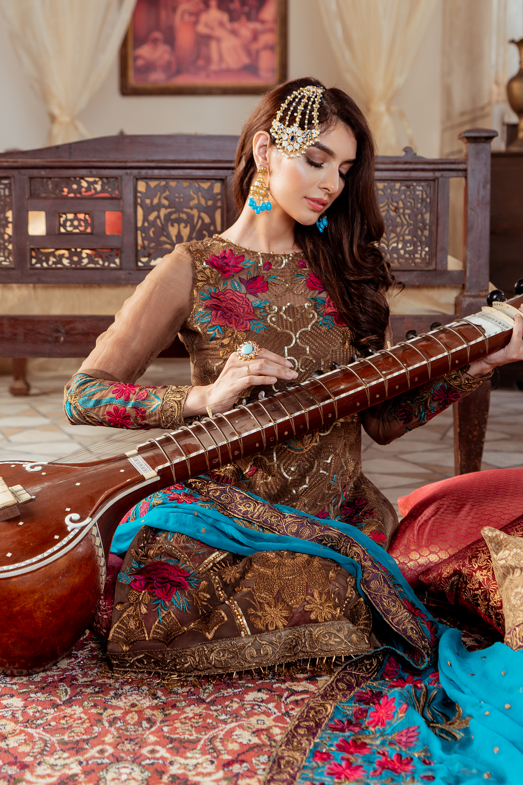 Pakistani embellished chiffon outfit in metallic copper color # P2452