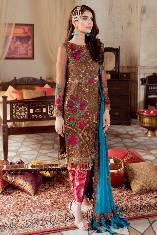 Pakistani embellished chiffon outfit in metallic copper color