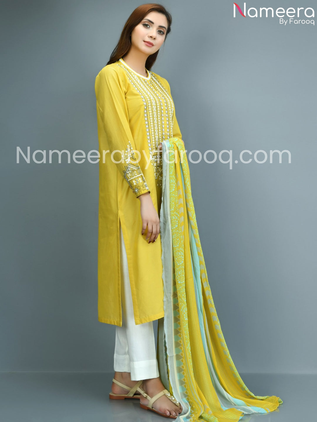 Designer yellow embriodered dress online
