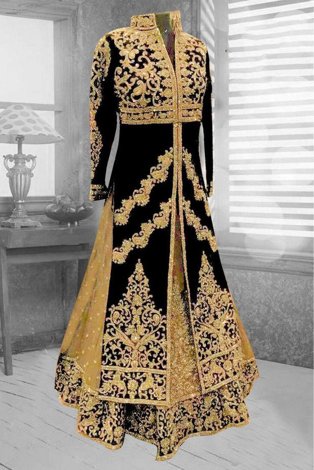 Latest embroidered Arabic bridal outfit in black and gold color