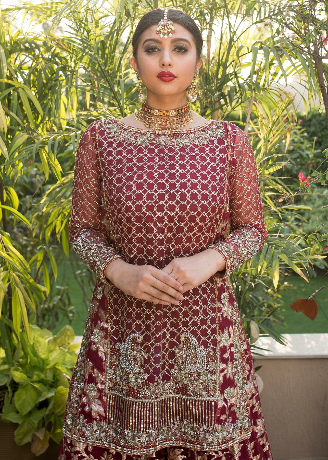 Embroidered bridal dress in lavish red color in USA – Nameera by Farooq