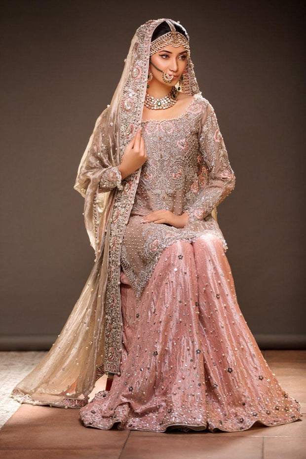 Beautiful embroidered bridal lehnga in gold and pink color # B3365