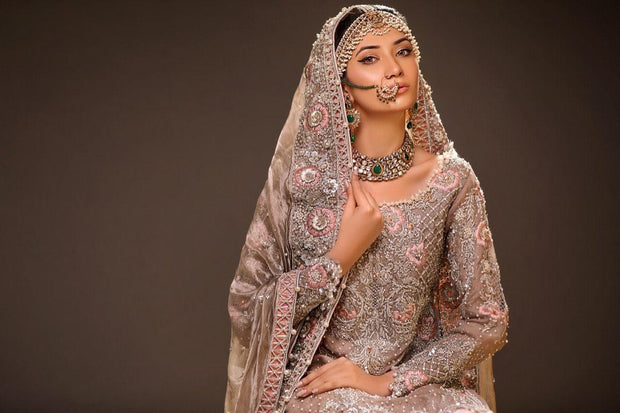 Beautiful embroidered bridal lehnga in gold and pink color # B3365
