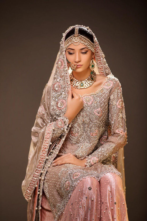 Beautiful embroidered bridal lehnga in gold and pink color # B3365
