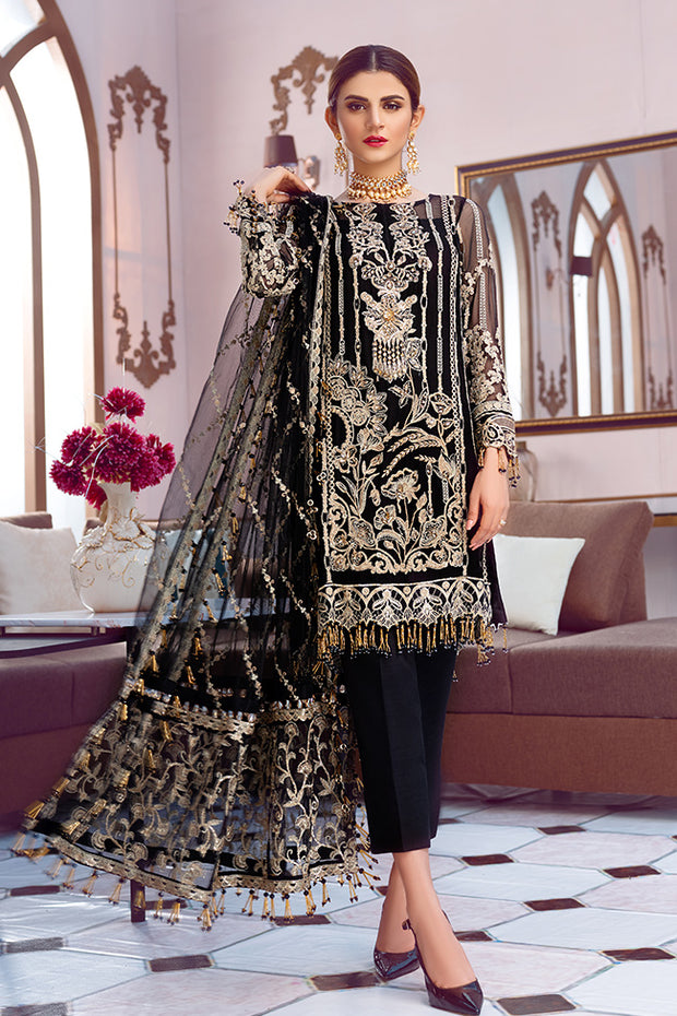 Pakistani designer embroidered chiffon outfit in black color # P2336